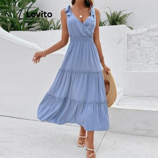 Đầm Lovito màu trơn kiểu nơ viền nhún bèo phong cách thường ngày cho nữ LNE56763