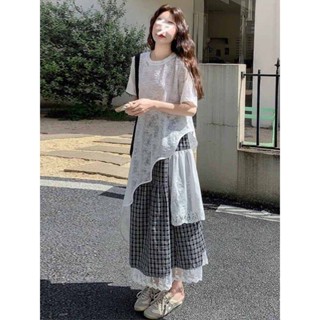 Set Đồ Hai Mảnh Mùa Hè Dành Cho Phụ Nữ Thiết Kế Phong Cách Hàn Quốc Gồm Áo Thun Dài Vừa Thoải Mái Kết Hợp Váy Kẻ Caro 