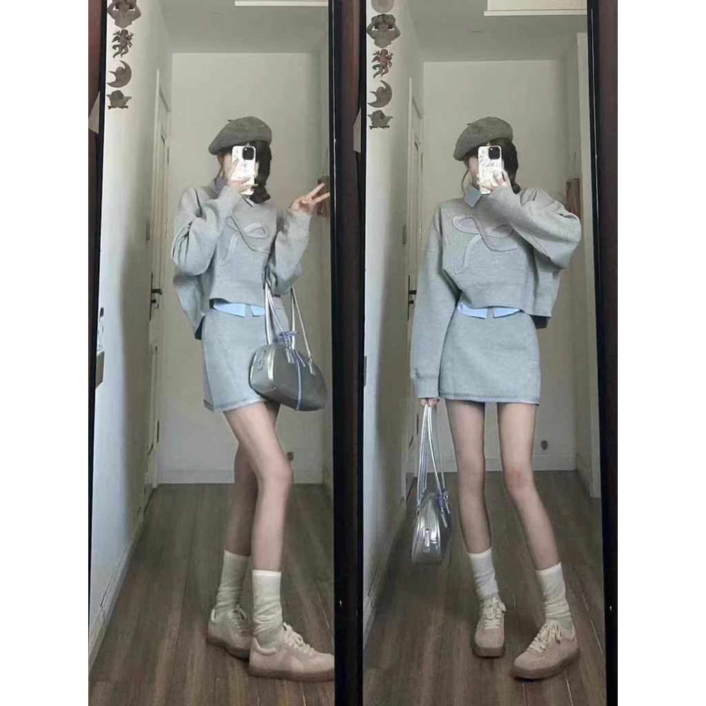 【Bess's house-bigsize】Áo +Áo sơ mi+ váy ngắn，set đồ nữ sang chảnh，set đồ nữ đi chơi，Nhàn rỗi Phong C