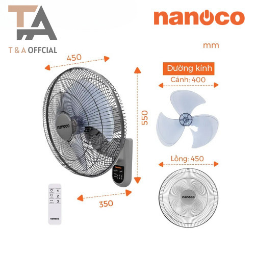 Quạt 3 cánh treo tường Nanoco NWF1612RC điều khiển bằng Remote