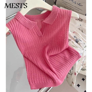 Áo Vest dệt kim màu hồng độc đáo mùa hè dành cho nữ thiết kế cổ áo polo