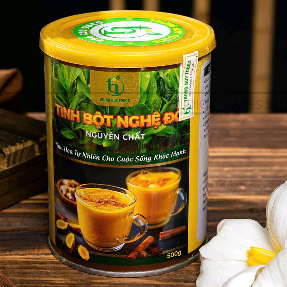 Hộp 500g tinh bột nghệ đỏ Trung Huy foods, củ nghệ đỏ, bột nghệ đỏ nguyên chất