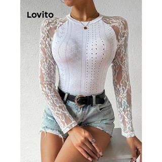 Áo thun Lovito phối ren màu trơn phong cách thanh lịch cho nữ LNL58148