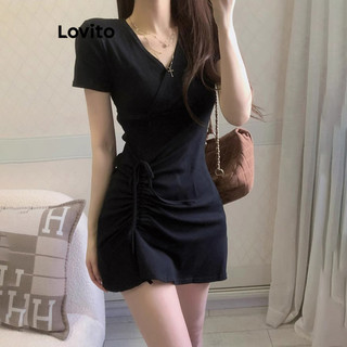 Đầm Lovito xếp nếp có dây rút màu trơn phong cách thanh lịch cho nữ LNE69553