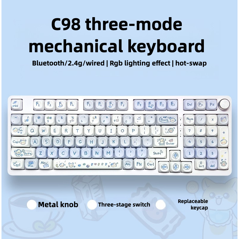 Lychee Gaming C98 Tùy Chỉnh Chế Độ Tri Không Dây Bluetooth Bàn Phím Cơ Núm RGB Hotswappable Trò Chơi