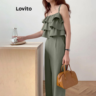 Áo liền quần Lovito xếp nếp màu trơn phong cách thường ngày cho nữ LNE58602