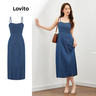 Lovito Đầm Denim giản dị Dây đeo Spaghetti trơn Váy Denim Midi chữ A dành cho nữ L47ED150 (Xanh dương)