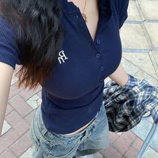 Áo kiểu babytee croptop nữ 6 cúc tôn dáng màu xanh than RN