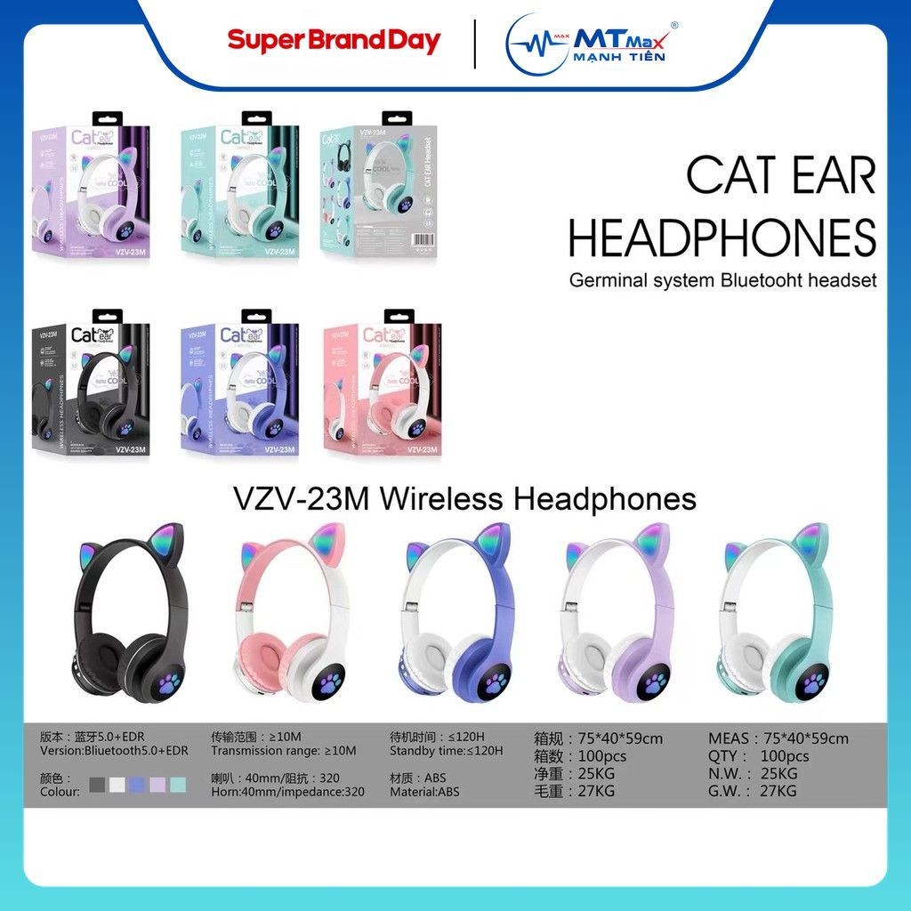 Tai nghe mèo VZV 23M – Có đèn led – Kết nối bluetooth 5.0 - headphone có micro – hỗ trợ điều chỉnh â