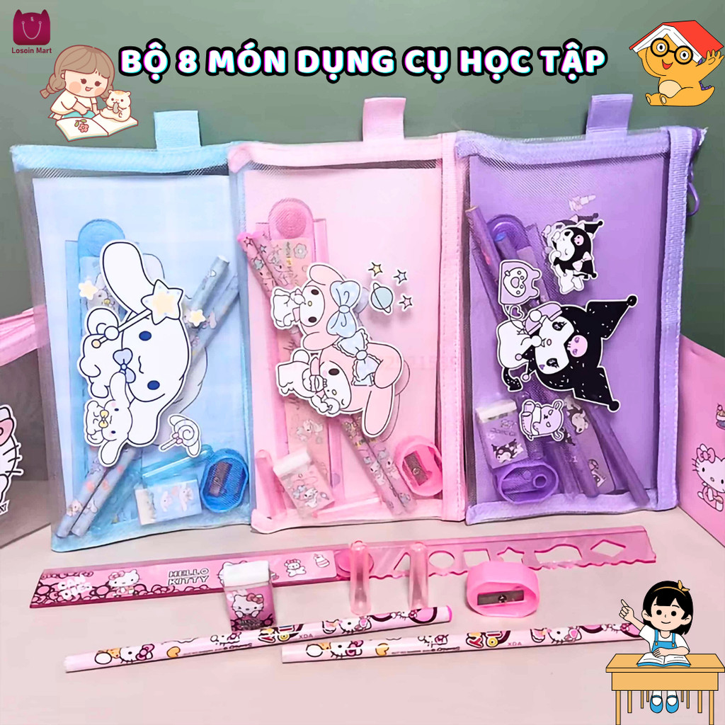 Bộ Đồ Dùng Học 7 Món Túi Bút, Bút Chì, Tẩy, Nắp bút, Thước Nhân Vật Hoạt Hình Sanrio Kuromi  Melody Cinnamoroll