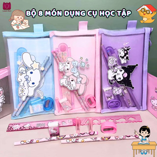 Bộ Đồ Dùng Học 7 Món Túi Bút, Bút Chì, Tẩy, Nắp bút, Thước Nhân Vật Hoạt Hình Sanrio Kuromi  Melody Cinnamoroll