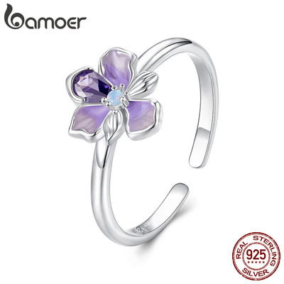 Bamoer 925 Sterling Sliver Mở Nhẫn Lãng Mạn Hoa Iris Trang Sức Thời Trang Quà Tặng Cho Nữ