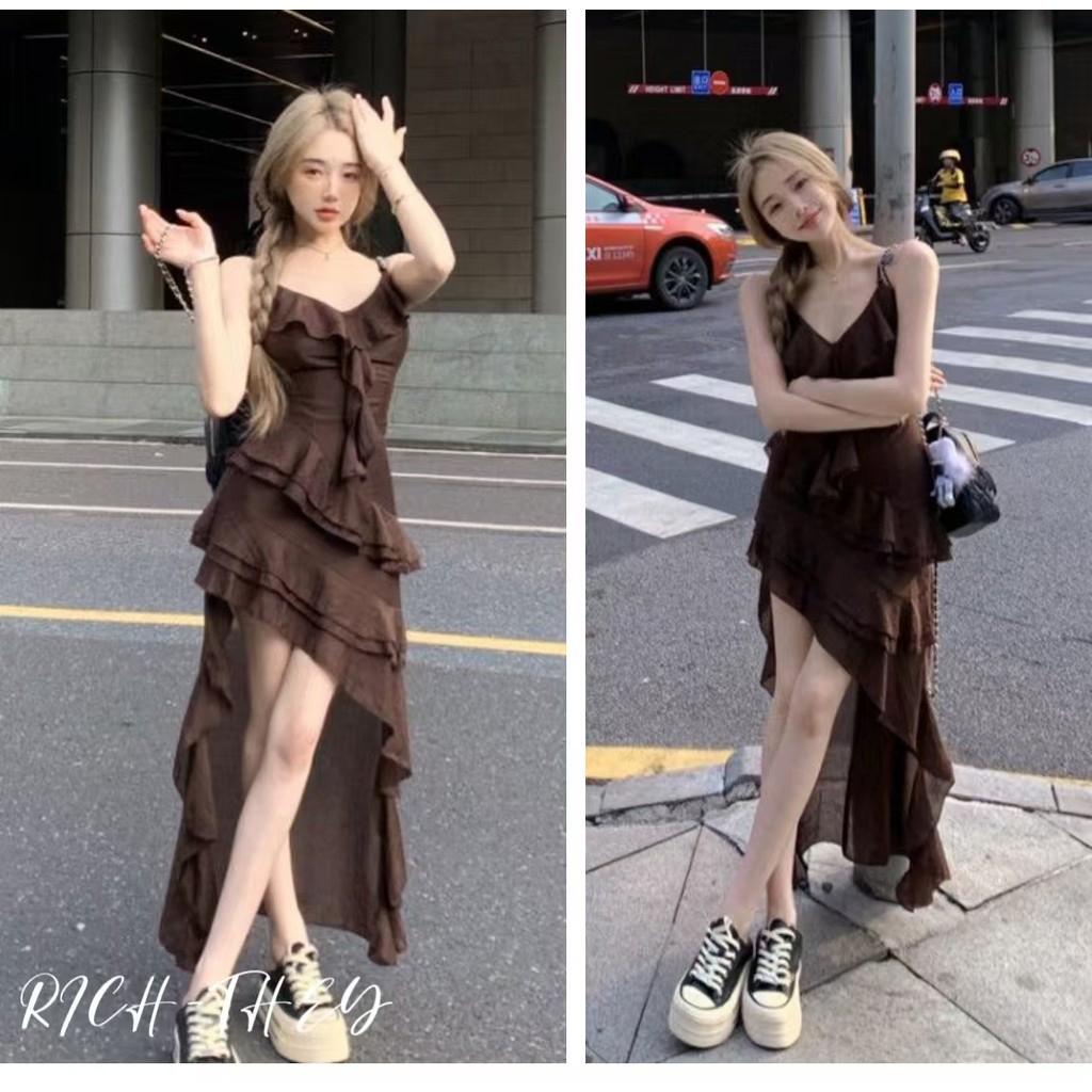 RICH-THEY Váy Hai Dây Phong Cách Retro Dành Cho Nữ Mùa Hè Váy Xếp Nếp Thời Trang Mới Gợi Cảm | BigBuy360 - bigbuy360.vn