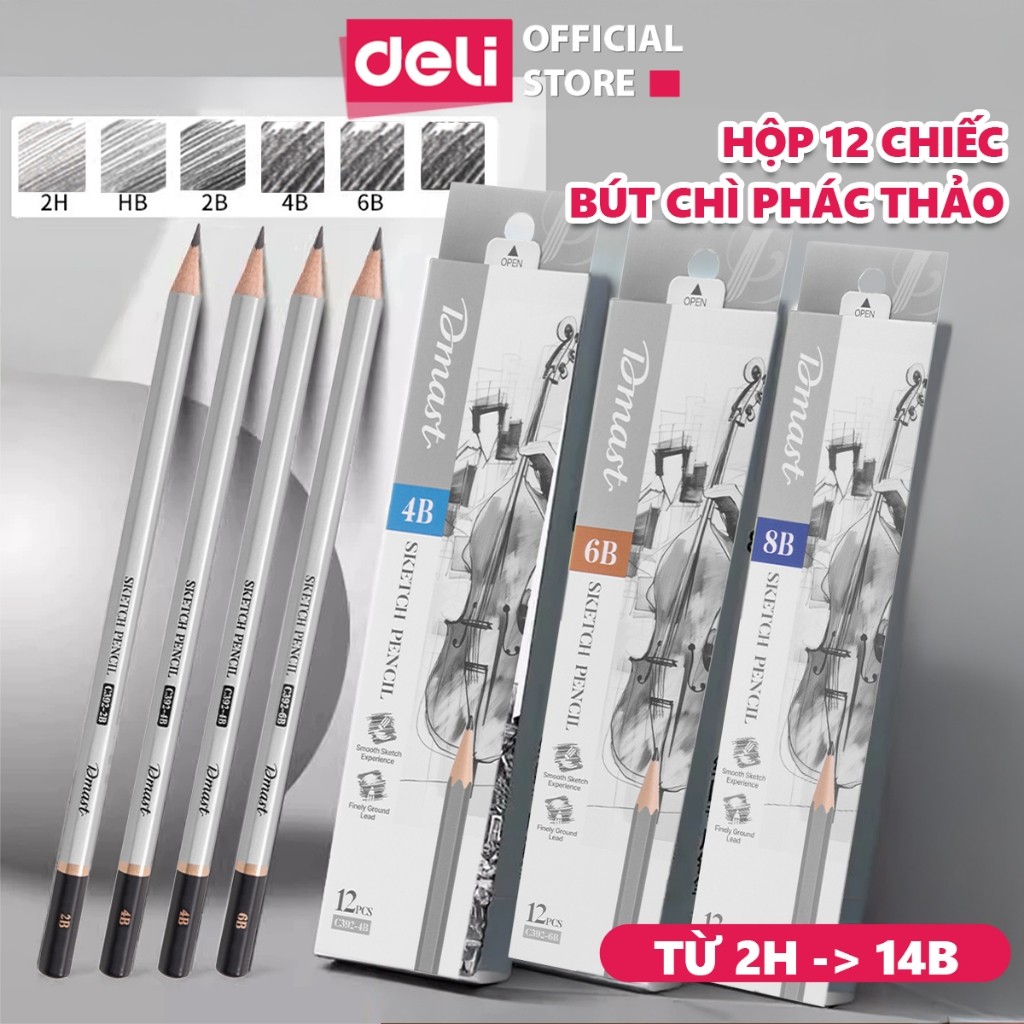 Hộp 12 Chiếc Bút Chì Phác Thảo Cao Cấp Deli từ 2H-14B Dành Cho Mỹ Thuật Chuyên Nghiệp Độ Đậm Chuẩn S