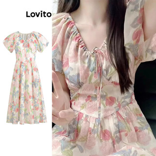 Đầm Lovito họa tiết hoa nhí buộc dây phía trước phong cách thường ngày dành cho nữ LNA62033