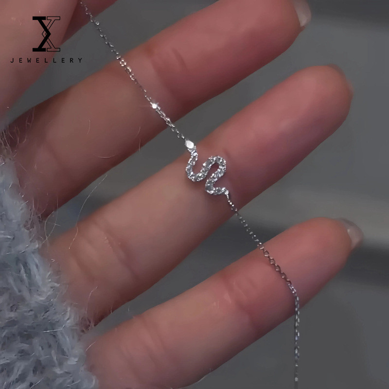 100% S925 Silver Bracelet với Kim Cương đầy Quanh, Thiết Kế Rắn Nhỏ Thời Trang