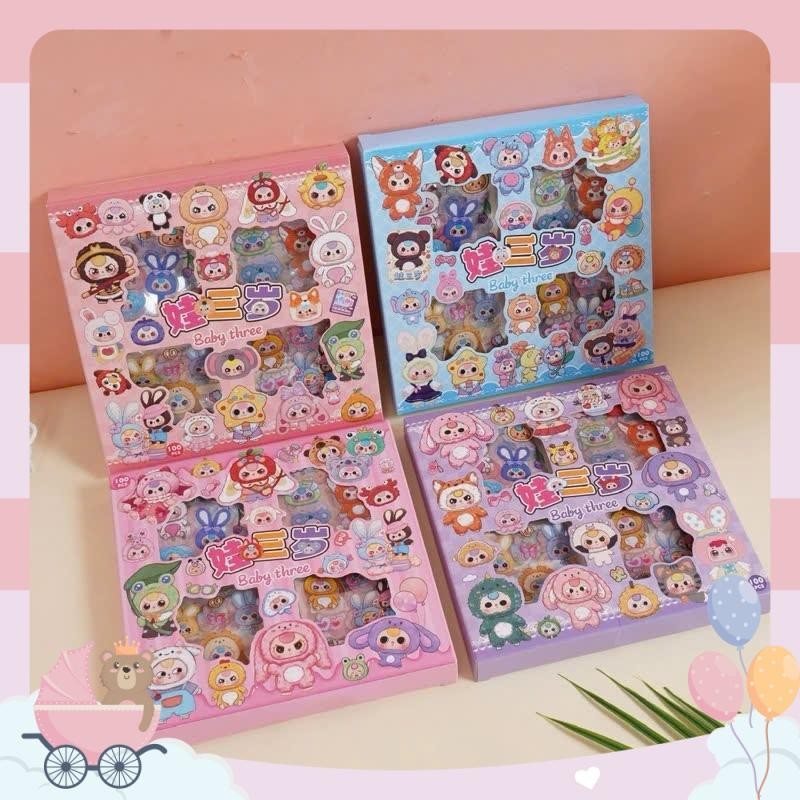[Hộp Sticker] Hộp 100 tấm,1000 miếng dán chống nước baby three, labubu, kuromi hottrend dán điện tho