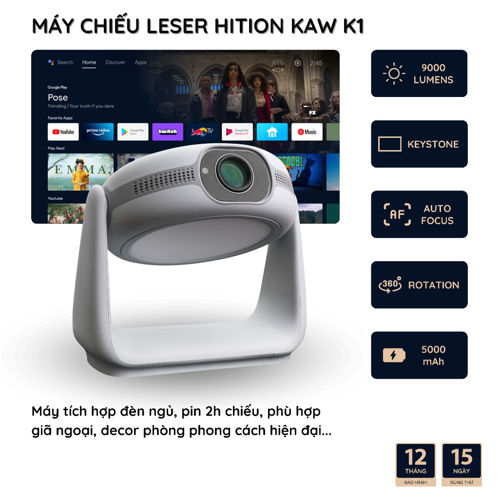 Máy chiếu tích hợp pin KAW Leser Hition KAW K1 - Độ Phân Giải Full HD, Tích Hợp Đèn Bàn, Đa Ứng Dụng