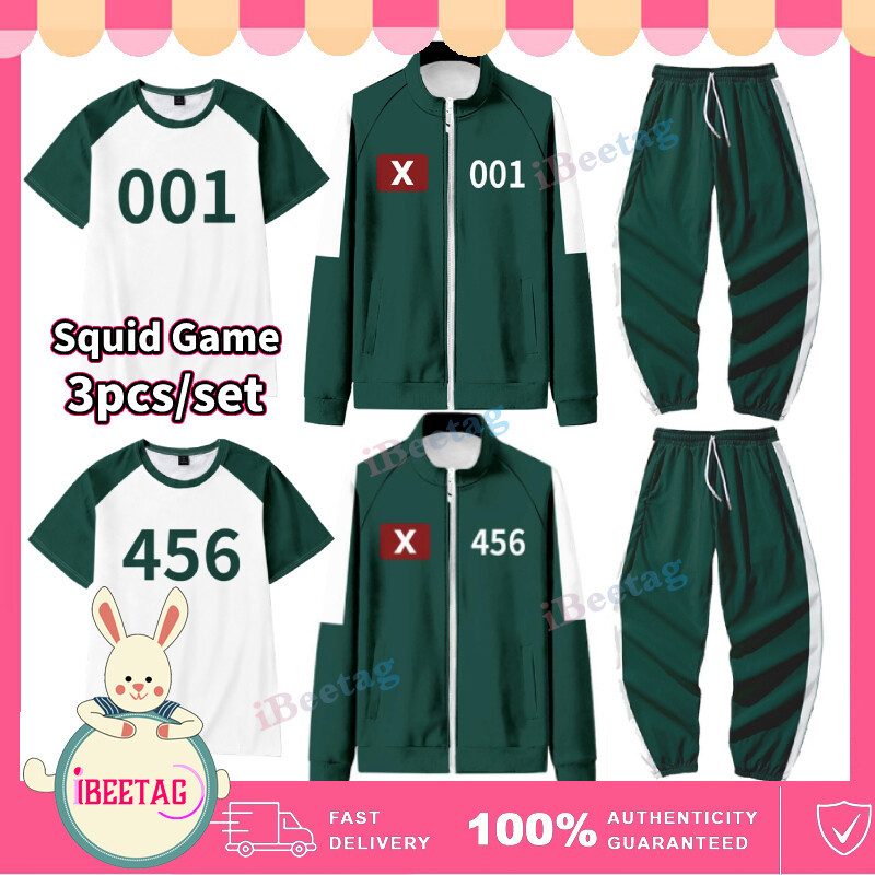 Squid Game 3 Cái / bộ Trò Chơi Mực Cosplay Trang Phục Áo Khoác + Áo Thun + Quần Nam Nữ Halloween Nhập Vai Sự Kiện Tracksuits Dây Kéo Áo Khoác Trang Phục Tiệc