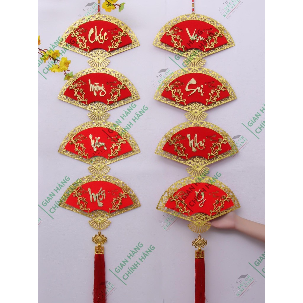 Dây treo nhung đỏ TL03 4 quạt viền vàng trang trí tết
