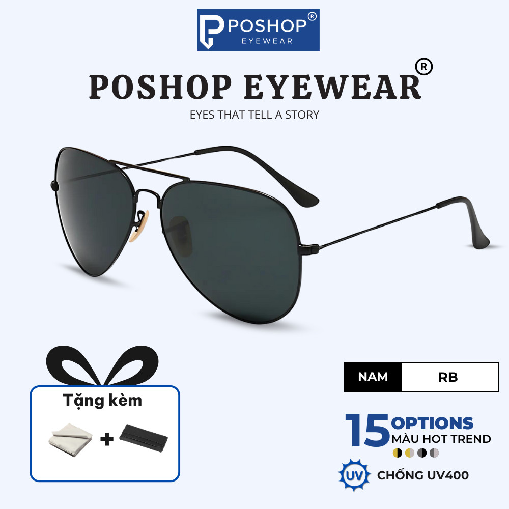 Kính mát phi công nam nữ tròng thủy tinh cường lực chống tia UV400 size 62mm R3026 POSHOP
