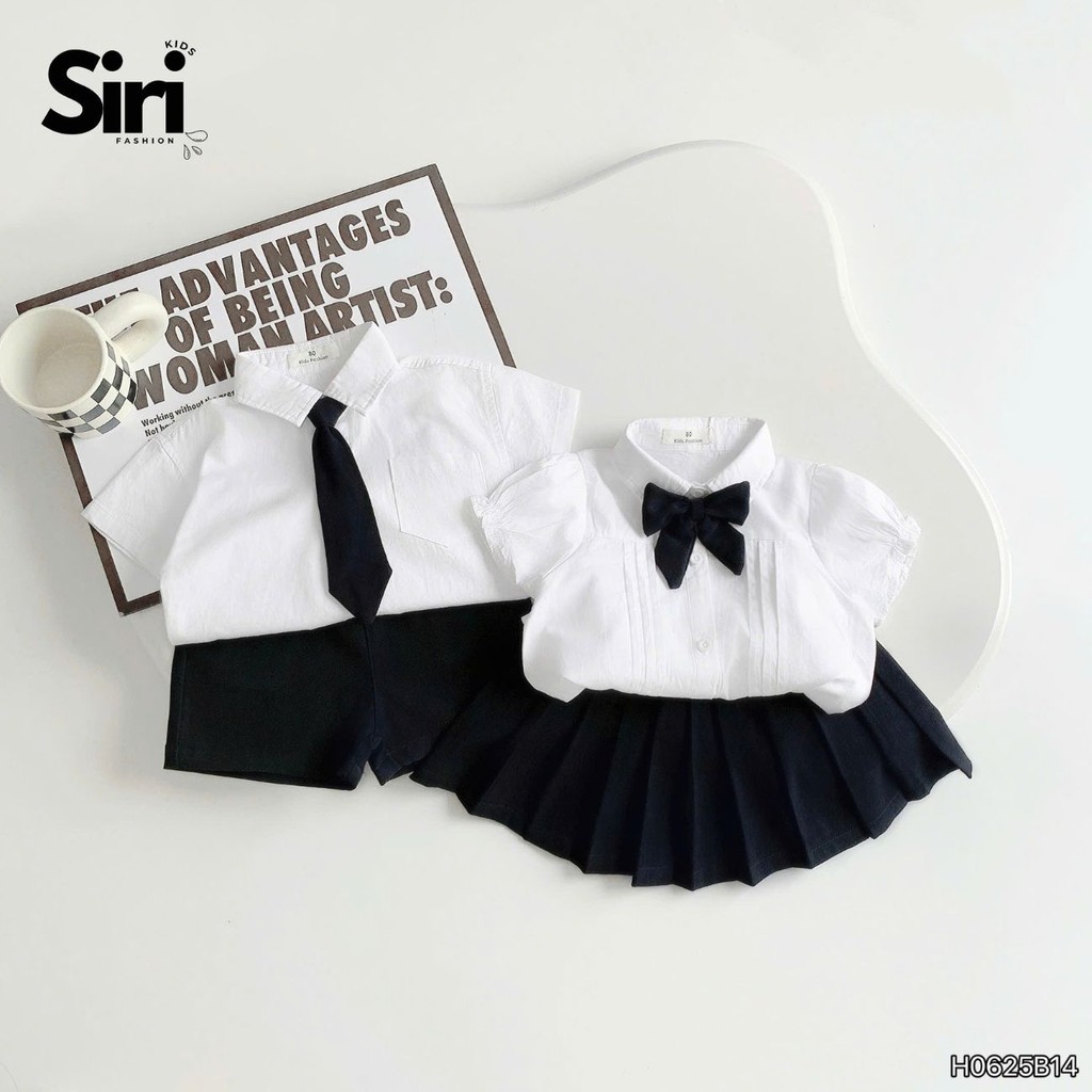 Set bộ bé trai bé gái áo sơ mi trắng kèm quần hoặc chân váy có cà vạt và nơ 9 tới 24kg SIRI H0525B33