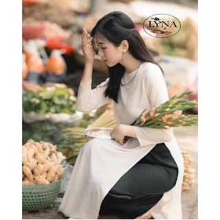  Áo dài cách tân dáng suông màu trắng,áo dài xưa lụa mềm mịn from chuẩn đẹp hàng may kỹ LYNA Fashion 