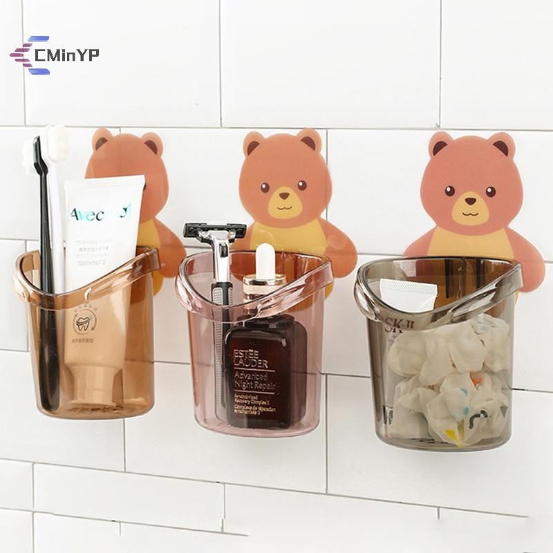 [Cminyp] 1 / 3PC Giá đỡ bàn chải đánh răng gắn tường gấu bông Cốc đục lỗ Giá lưu trữ miễn phí Đồ dùn