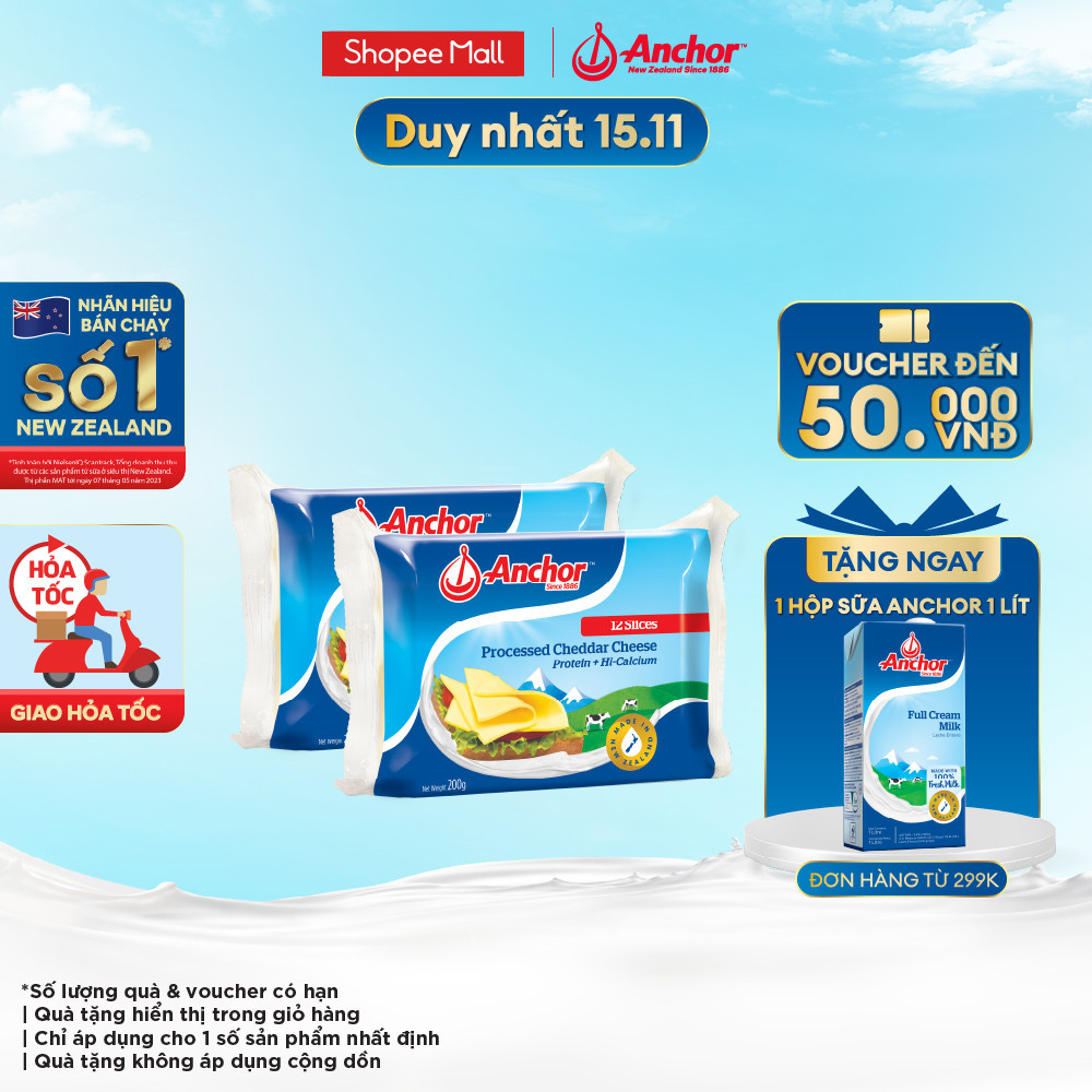 Combo 2 Phô mai lát ANCHOR CHEDDAR 200G (12 miếng)