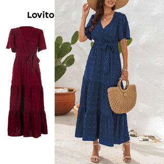 Đầm Lovito nhiều lớp có dây buộc họa tiết bóng lông màu trơn phong cách thường ngày cho nữ LNL51024