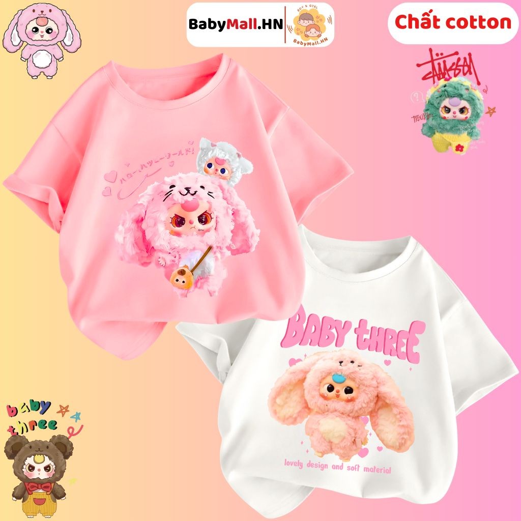Áo phông cộc tay hình Baby Three cho bé gái BABYMALL, áo thun cho bé chất cotton mềm mịn thoáng mát