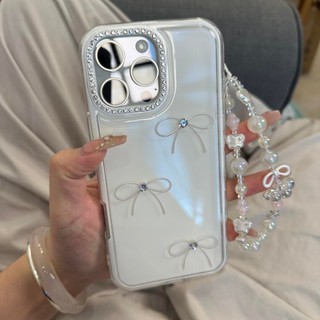 Ốp Lưng Đáy Trắng Sang Trọng Khung Gương Kim Cương Nơ Ốp lưng Thích Hợp Cho iPhone16 15 14 13 Pro Max Camera Chống Sốc Bảo Vệ Lỗ Lớn Ốp Lưng Cứng Chống Rơi