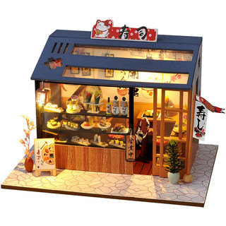 Mô hình nhà búp bê lắp ghép bằng GỖ có ĐÈN LED, Full nội thất Mẫu Sushi Shop tặng kèm tool lắp ráp