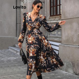 Đầm Lovito họa tiết hoa nhí xếp nếp phong cách thanh lịch dành cho nữ LNL60181