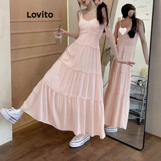 Đầm Lovito có dây buộc phía sau màu trơn cài nút phong cách thường ngày cho nữ LNE57065
