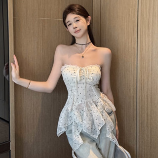  Áo Ống Nữ Tua Rua Dáng Babydoll PINKSTORE29 Cổ Buộc Dây Họa Tiết Chấm Bi A51383 