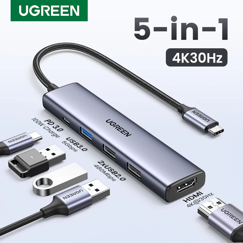 UGREEN 5 trong 1 USB C Hub 4K HDMI USB HUB 100W Bộ chuyển đổi đa cổng cho MacBook Pro / Air, iPad Pr