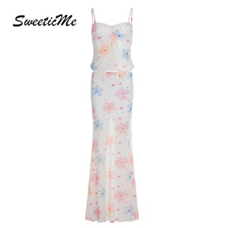 SweeticMe Nữ 2025 Thời Trang Mới Đi Biển Kỳ Nghỉ Ngọt Dây Đeo Khe Lưới Bộ Váy Dài