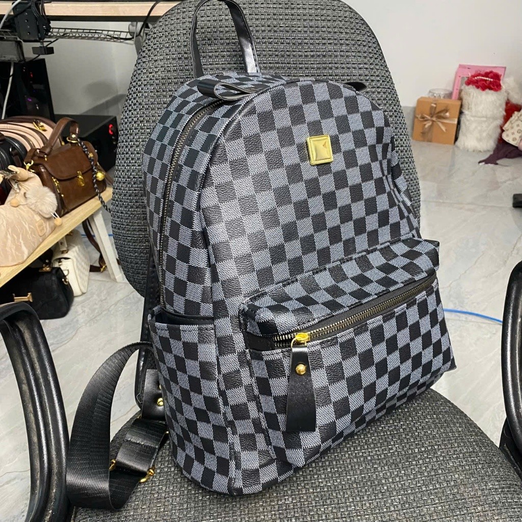 Balo da đi học, ba lô đi chơi kẻ caro xanh, quai bản to có đệm mút K676