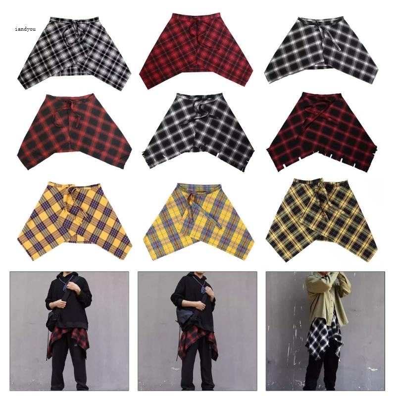 Iny Unisex Lớp Ngắn Quấn Váy Áo Sơ Mi Mở Rộng Checkered Hông Che Tạp Dề Váy Buộc Không Đều Overskirt