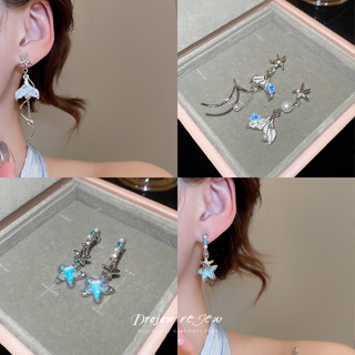 DREJEW Bạc kim cương Bộ ngọc trai nhân tạo phong cách gợn nước đuôi cá sao biển tua rua bông tai