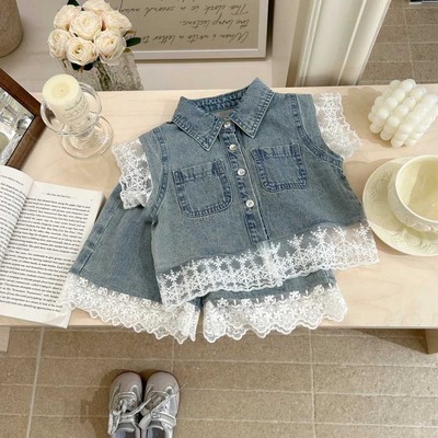 Set Bộ Áo Sơ Mi Sát Nách Denim Quần Ống Rộng Viền Ren Bé Gái 1-8 Tuổi MINTSCLOSET Quảng Châu GA2405