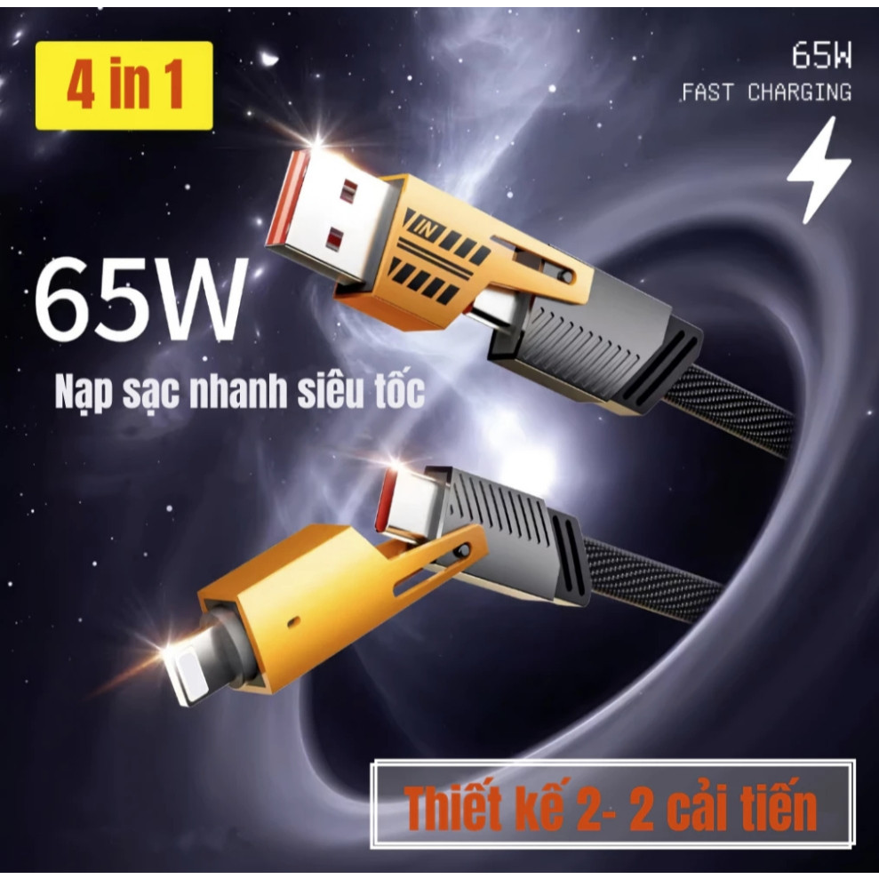 Dây Cáp Sạc Nhanh Đa Năng 4 IN 1 65W Cao Cấp 1.2M, Dây Dù Chống Đứt - Cho USB-Type C, Type C-Type C, Type C- LT USB-LT | BigBuy360 - bigbuy360.vn