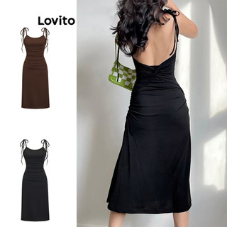 Đầm xếp nếp Lovito hở lưng cột dây màu trơn thường ngày cho nữ L77ED117