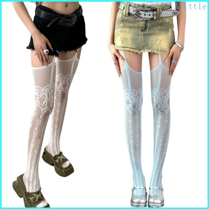 Alia Nữ Fishnet Quần Subculture Punk Họa Tiết Trái Tim Suspender Quần Vớ