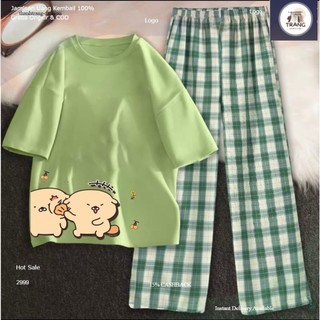 Sét áo phông Cún cưng + quần sọc karo, Sét bộ Unisex chất đẹp, không xù mặc ở nhà và mặc đi chơi -ShopTrang