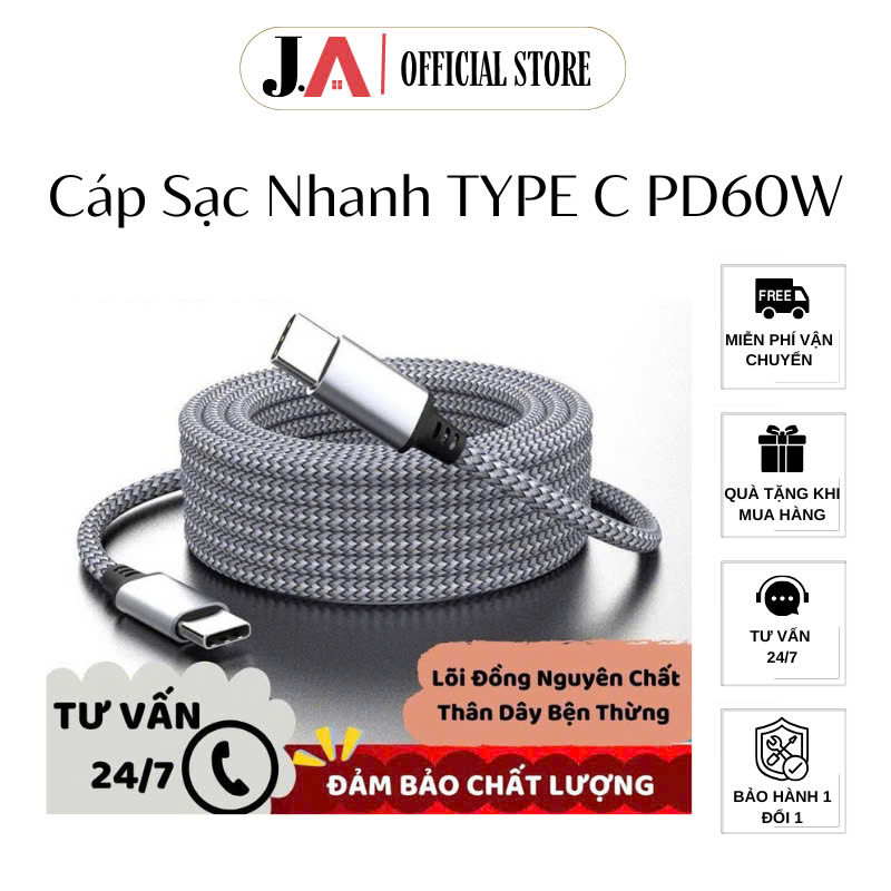 Cáp Sạc Nhanh USB C to TYPE C PD60W, Chuyền Dữ Liệu Nhanh, Lõi Đồng Bền Bỉ Chất Lượng Cao. Bảo hành 