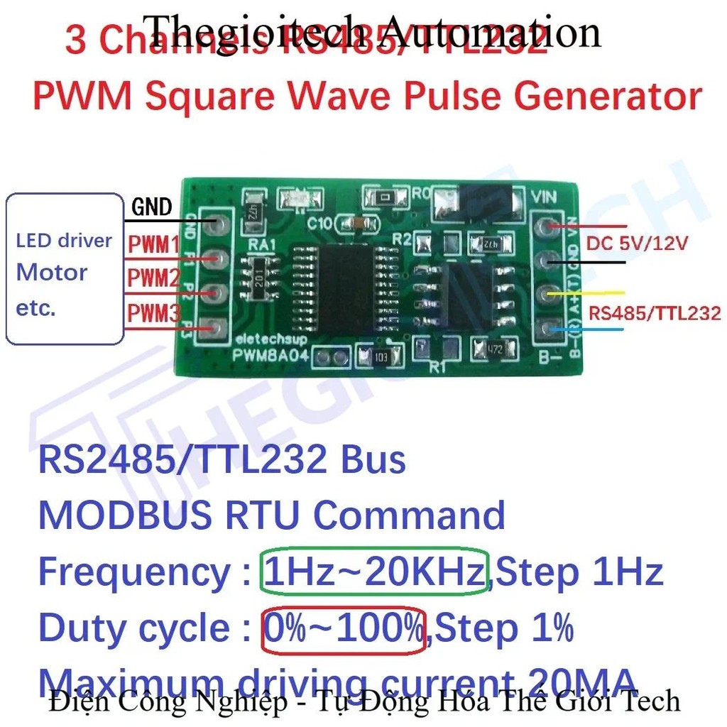 PWM8A04 DC 5V 12V 3CH RS485 1Hz-20kHz Duty Cycle Frequency Adjustable PWM Square Wave Pulse Generato