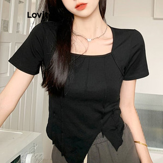 Áo thun Lovito đường kết cấu màu trơn xẻ tà phía trước phong cách thường ngày cho nữ LNE56728