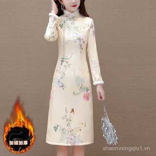 Váy liền 2023 sườn xám cách tân cho mẹ đột quỵ tôn dáng gầy lót nhung dày dặn Mẫu mới thu đông cho nữ